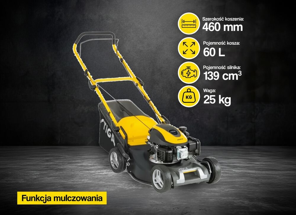 Na obrazie znajduje się kosiarka spalinowa z żółtymi i czarnymi elementami oraz logo \'STIGA\'. Obok kosiarki widoczne są informacje: Szerokość koszenia: 460 mm, Pojemność kosza: 60 L, Pojemność silnika: 139 cm3, Waga: 25 kg, oraz napis \'Funkcja mulczowania\'.
