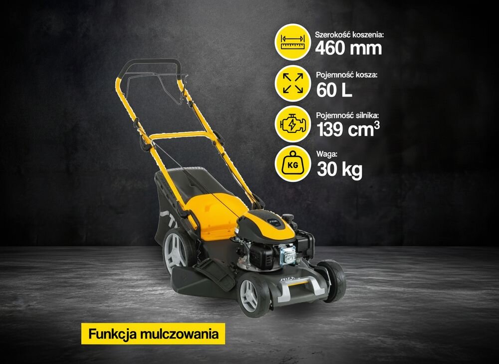 Na obrazie znajduje się kosiarka spalinowa z żółtymi elementami, obok której widnieją informacje: Szerokość koszenia: 460 mm, Pojemność kosza: 60 L, Pojemność silnika: 139 cm3, Waga: 30 kg. Na dole znajduje się napis \'Funkcja mulczowania\'.