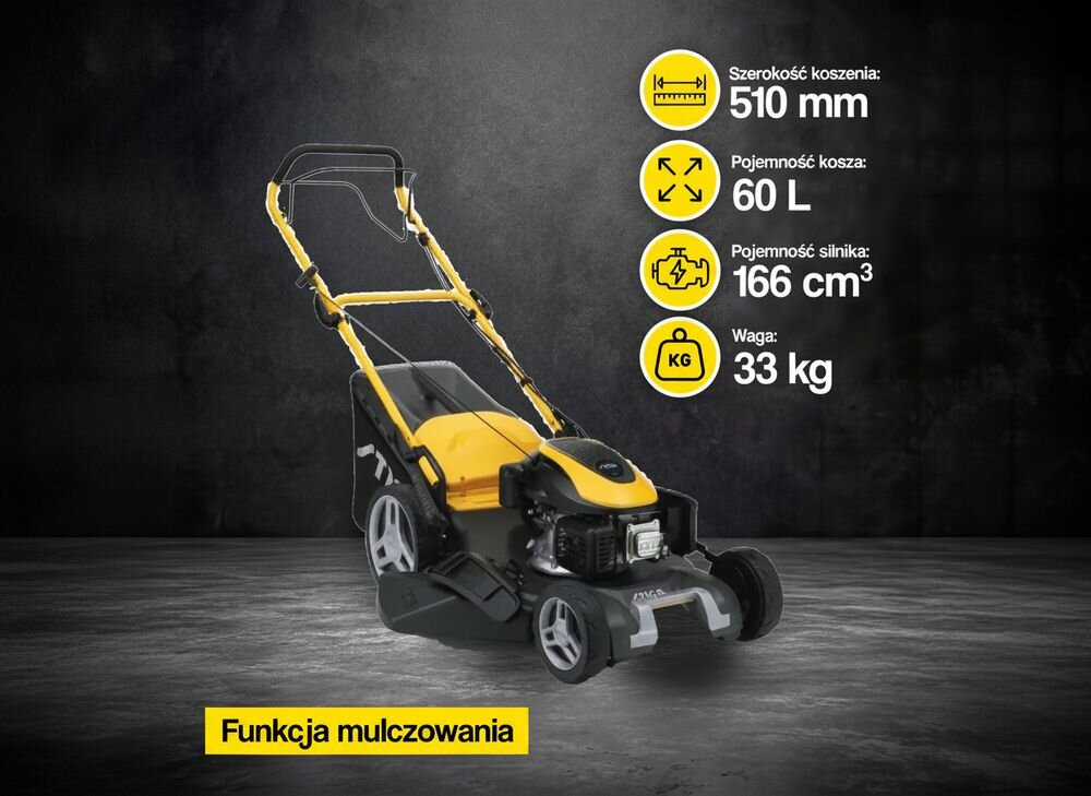 Na obrazie widoczna jest kosiarka spalinowa w kolorze żółto-czarnym z dużymi kołami. Obok znajdują się informacje: Szerokość koszenia: 510 mm, Pojemność kosza: 60 L, Pojemność silnika: 166 cm3, Waga: 33 kg, oraz napis \'Funkcja mulczowania\'.