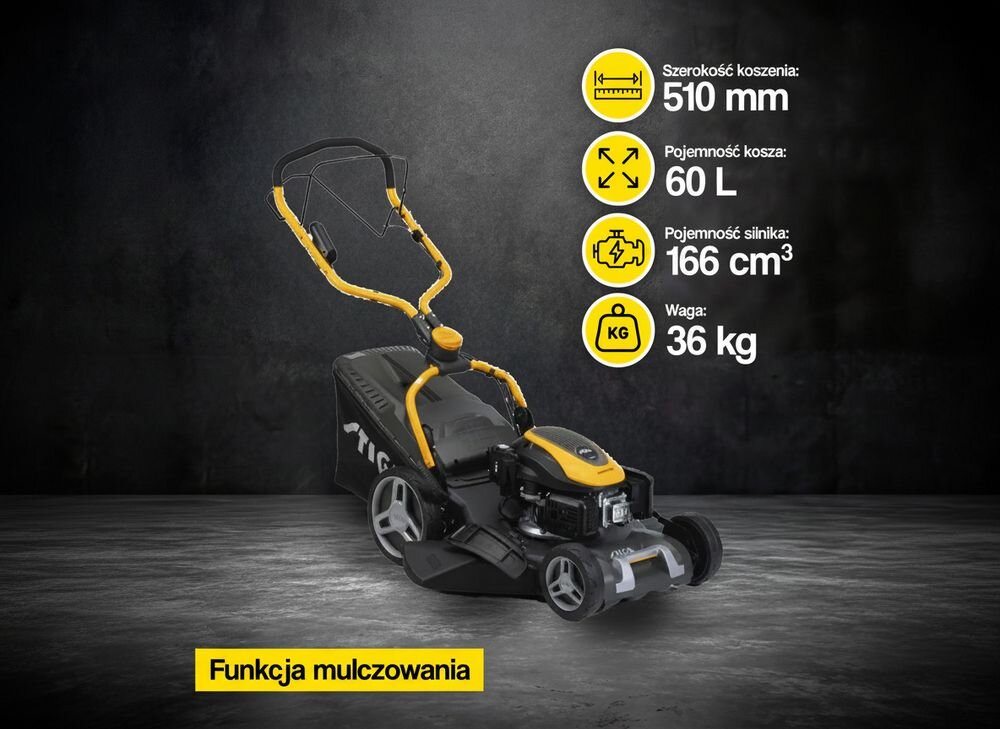 Na obrazie znajduje się kosiarka spalinowa z żółtymi akcentami, obok której widnieją informacje: Szerokość koszenia: 510 mm, Pojemność kosza: 60 L, Pojemność silnika: 166 cm3, Waga: 36 kg. Na dole znajduje się napis \'Funkcja mulczowania\'.