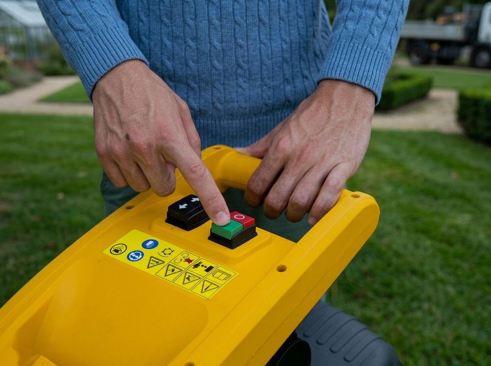 Rozdrabniacz do gałęzi STIGA Bio Silent 2500 elektryczny 2500W średnica cięcia 40mm, walec, zęby, wyciszenie, cofanie, Wciskanie zielonego przycisku na panelu sterowania urządzenia.