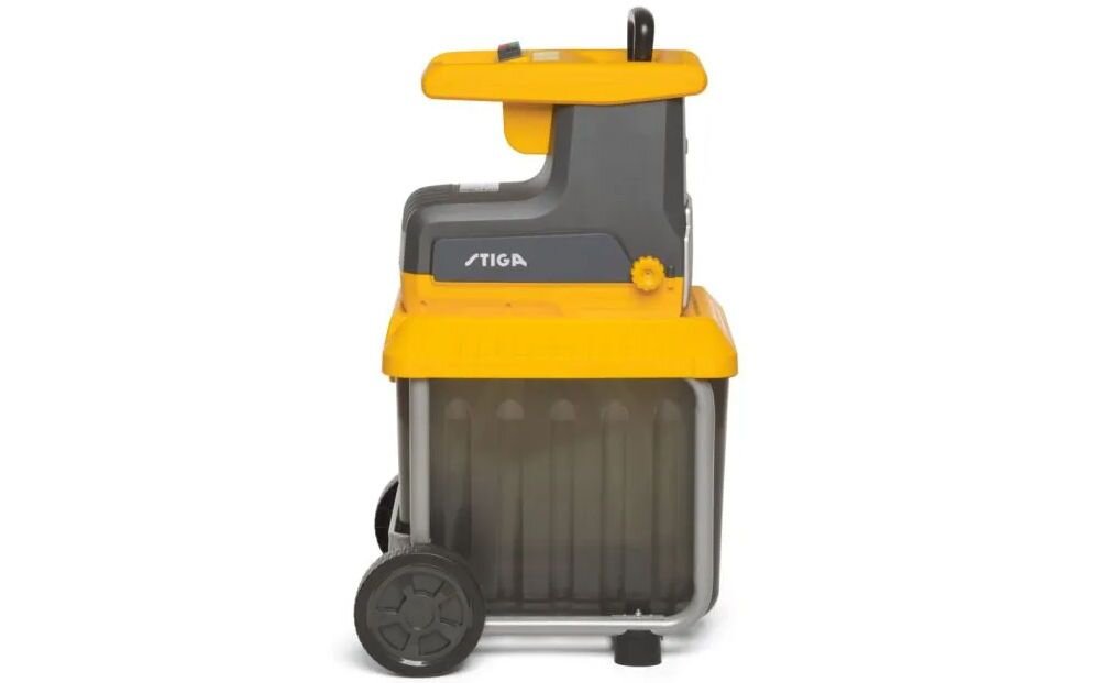 Rozdrabniacz do gałęzi STIGA Bio Silent 2500 elektryczny 2500W średnica cięcia 40mm, kosz, pojemnik, wióry, pojemność, Elektryczny rozdrabniacz gałęzi widziany z boku.