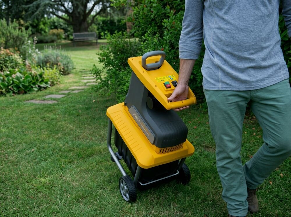 Rozdrabniacz do gałęzi STIGA Bio Silent 2500 elektryczny 2500W średnica cięcia 40mm, koła, uchwyt, transport, obudowa, Mężczyzna prowadzący rozdrabniacz do gałęzi po trawniku.