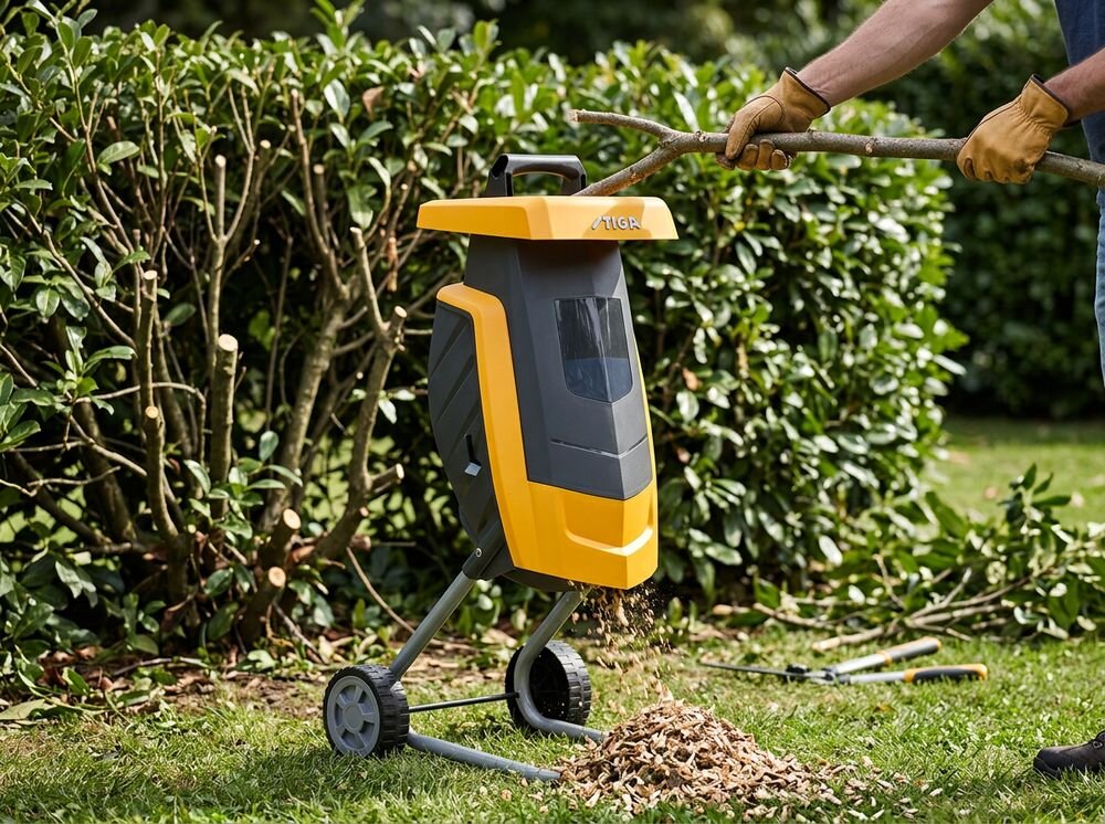 Rozdrabniacz do gałęzi STIGA Bio Master 2200 elektryczny 2200W średnica cięcia 40mm, rozdrabnianie, pędy, ściółka, żywopłot, Wkładanie gałęzi do wlotu rozdrabniacza ogrodowego.