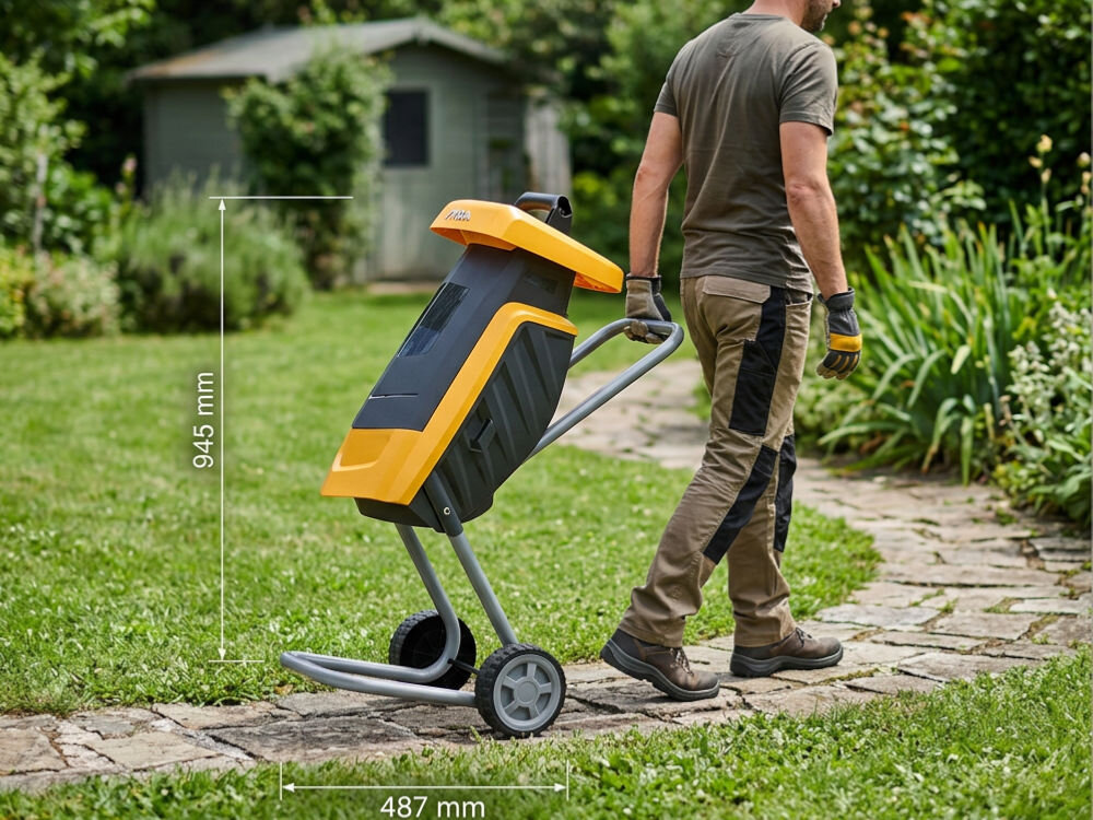 Rozdrabniacz do gałęzi STIGA Bio Master 2200 elektryczny 2200W średnica cięcia 40mm, obudowa, wymiary, stabilność, przechowywanie, Mężczyzna prowadzący rozdrabniacz z wymiarami.