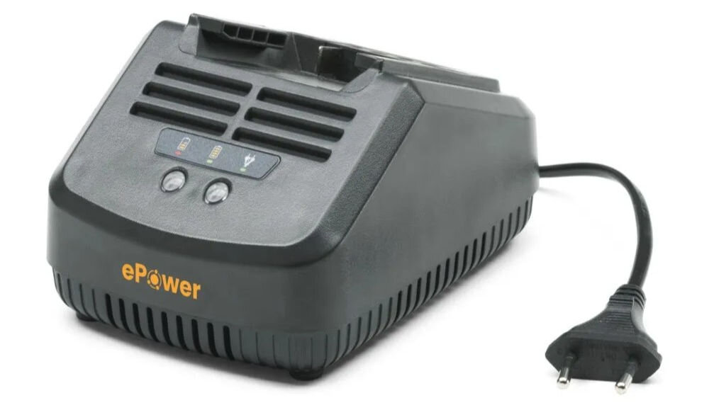Czarna ładowarka z logo \'ePower\' na przodzie, posiada dwa przyciski i wskaźniki LED. Z ładowarki wychodzi przewód z wtyczką elektryczną.