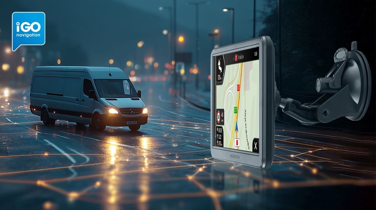 Obraz przedstawia urządzenie nawigacyjne z mapą na ekranie, zamontowane na uchwycie przy szybie. W tle widoczny jest biały van na mokrej drodze, a w lewym górnym rogu znajduje się logo \'iGO navigation\'.