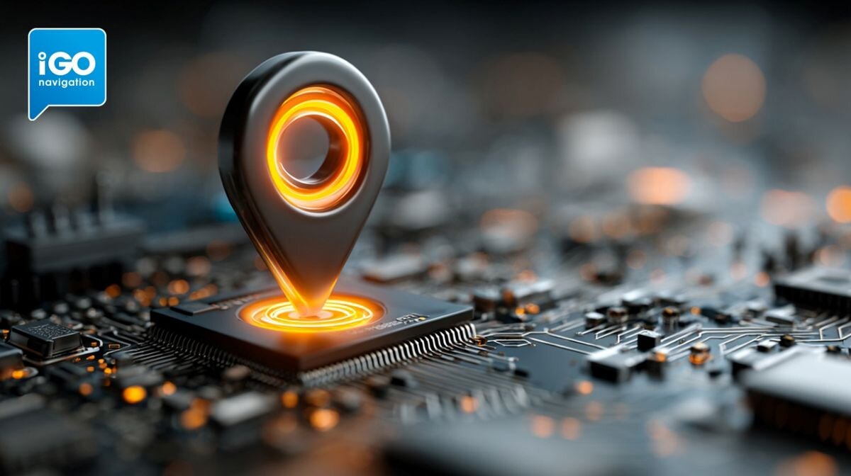 Obraz przedstawia stylizowaną ikonę lokalizacji umieszczoną na mikroprocesorze z podświetleniem w kolorze pomarańczowym. W lewym górnym rogu widoczne jest logo \'iGO navigation\'.