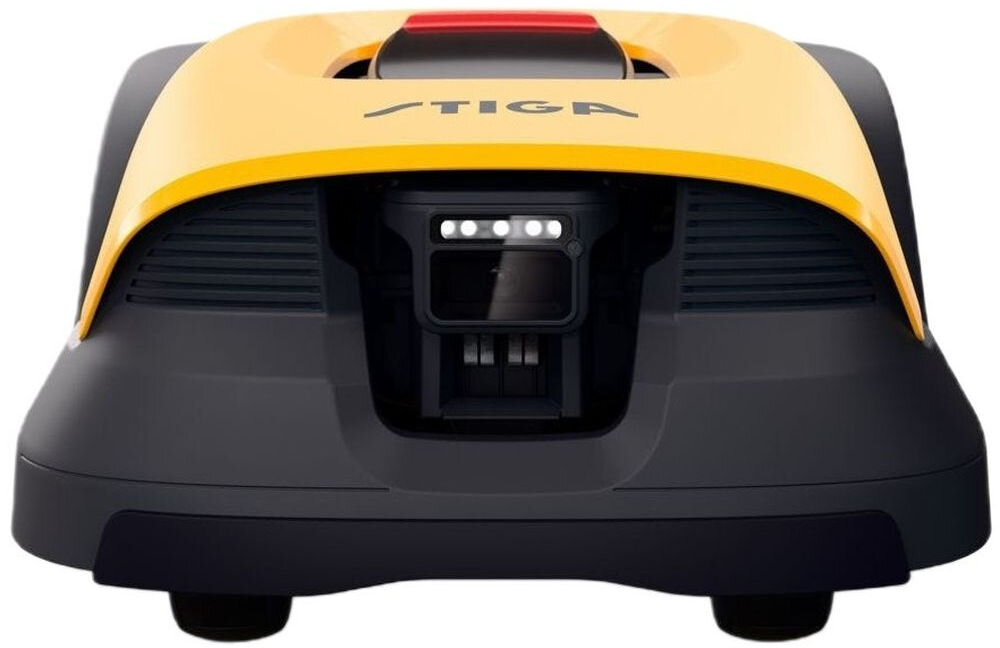 Robot koszący STIGA A 15V Bez przewodu ograniczającego Bluetooth 1500 m2, robot, cicha praca, silnik, stacja, Zbliżenie na przód robota koszącego STIGA z widoczną kamerą i czujnikami przednimi.
