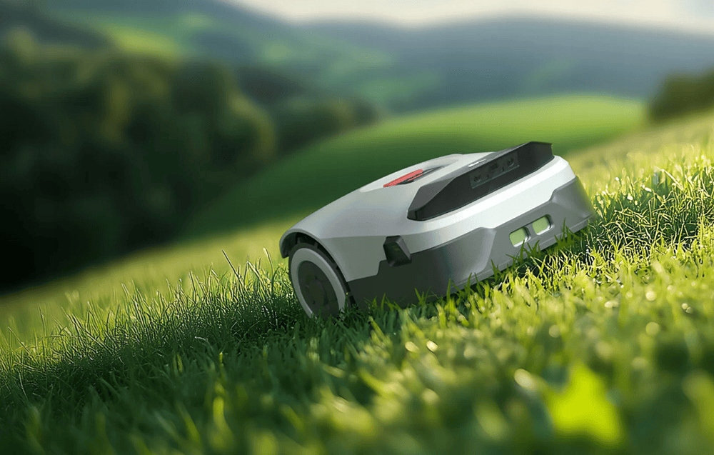 Robot koszący na trawie w otoczeniu zielonych wzgórz. Urządzenie ma biało-szary kolor z czerwonym elementem na górze.