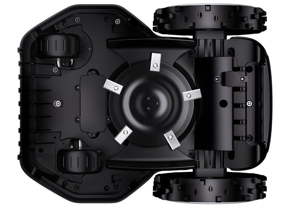 Robot koszący ANTHBOT Genie 800 Bez przewodu ograniczającego robot na białym tle widoczny od spodu system 5 ostrzy tnących regulacja wysokości w zakresie 30–70 mm