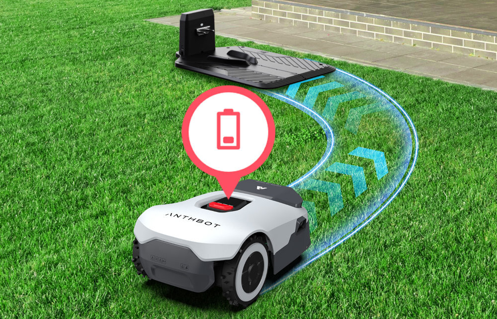 Robot koszący ANTHBOT Genie 800 Bez przewodu ograniczającego ogród trawnik robot jedzie do stacji ładującej robot sam wraca do stacji dokującej wbudowany akumulator o pojemności 4 Ah czas ładowania w około 150 minut automatycznie wznawia pracę zgodnie z harmonogramem