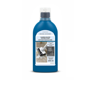 Niebieska butelka z etykietą przedstawiającą mop i tekstem \'CLEANING SOLUTION FOR HARD FLOORS\' oraz \'NETTOYANT POUR SOLS DURS\'.