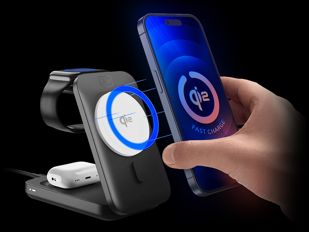 Ładowarka indukcyjna 3MK Magrocket 3W1 15W Czarny odkładanie smartfona na ładowarkę do 3 urządzeń jednocześnie technologia Qi2 bezpieczne ładowanie MagSafe