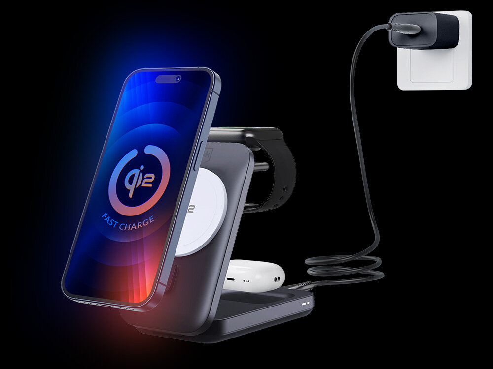 Ładowarka indukcyjna 3MK Magrocket 3W1 15W Czarny podłączona do gniazdka silne magnesy chłodzenie ultraszybkie ładowanie Qi2 kompatbilność