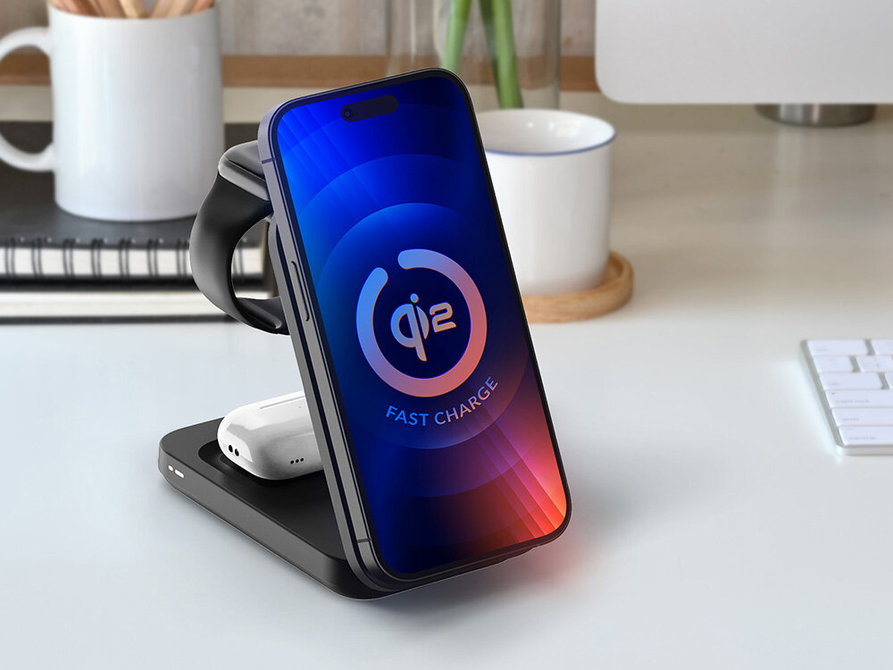 Ładowarka indukcyjna 3MK Magrocket 3W1 15W Czarny na jasnym biurku składana konstrukcja niewielka forma łatwe przenoszenie sprawdzony mechanizm