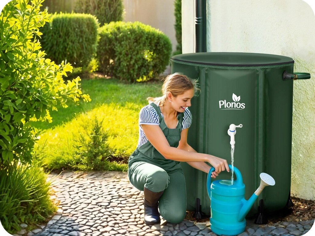 Osoba napełnia niebieską konewkę wodą z zielonego zbiornika na deszczówkę z napisem \'Plonos\'. Zbiornik znajduje się na zewnątrz, obok budynku, na tle zieleni.