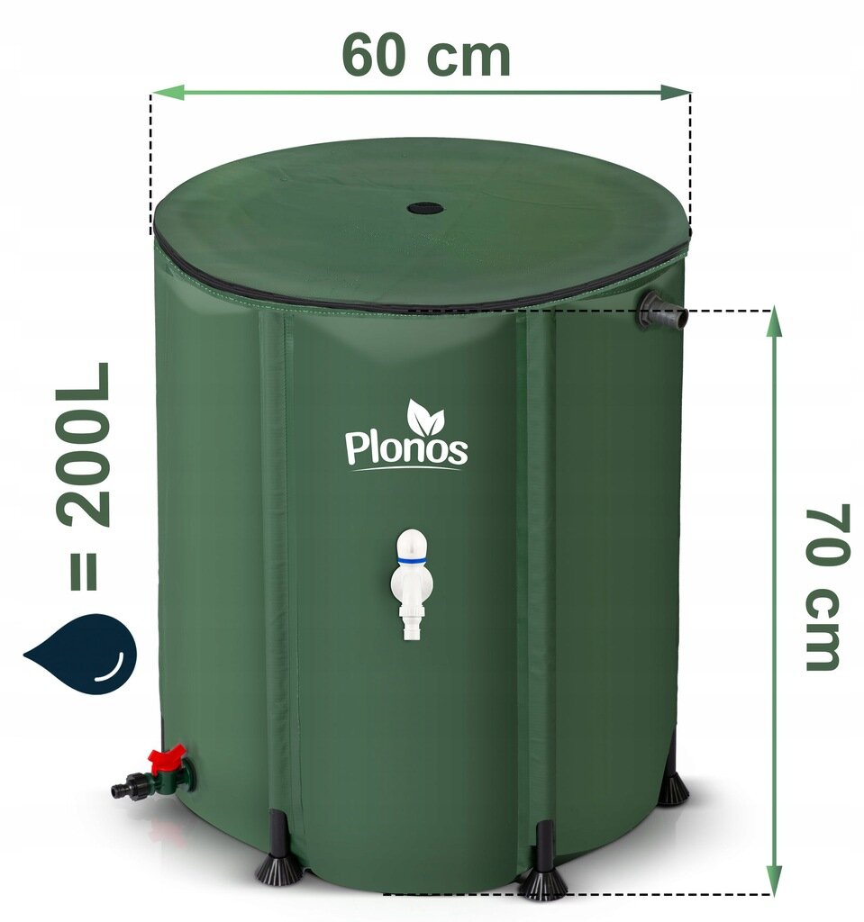 Zielony, składany zbiornik na deszczówkę o pojemności 200 litrów z logo Plonos, wyposażony w kran i wymiary 60 cm szerokości oraz 70 cm wysokości.