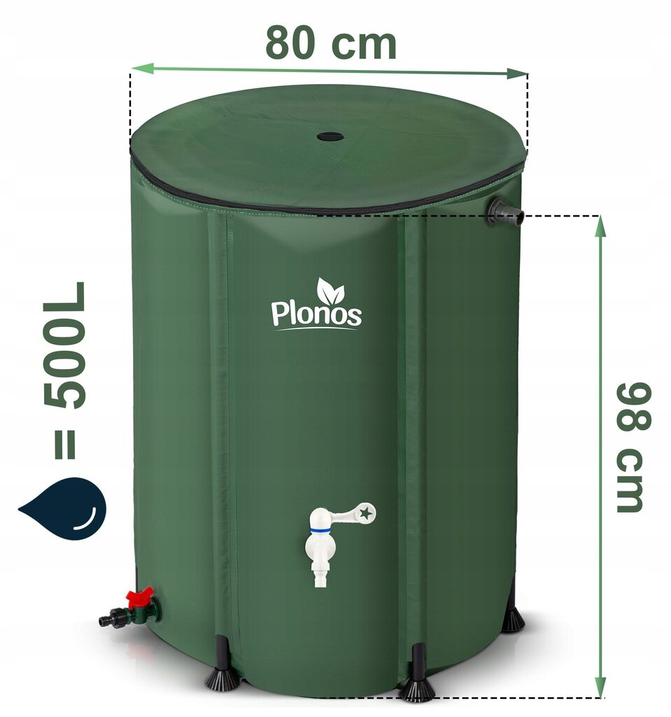 Zielony zbiornik na deszczówkę z logo \'Plonos\', o pojemności 500 litrów, wysokości 98 cm i średnicy 80 cm. Na zbiorniku widoczne są dwa kraniki oraz oznaczenia wymiarów.