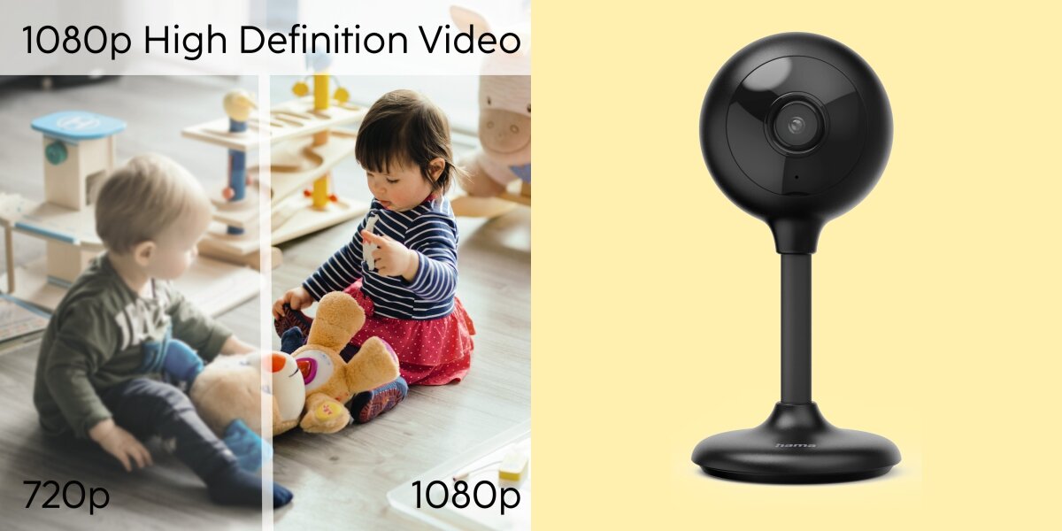 Kamera inteligentna HAMA 176651 Wewnętrzna, WLAN Czarny, nagrania, odległość, Rozdzielczość, wyraźne, na żółtym tle po prawej kamera, z lewej bawiące się dzieci