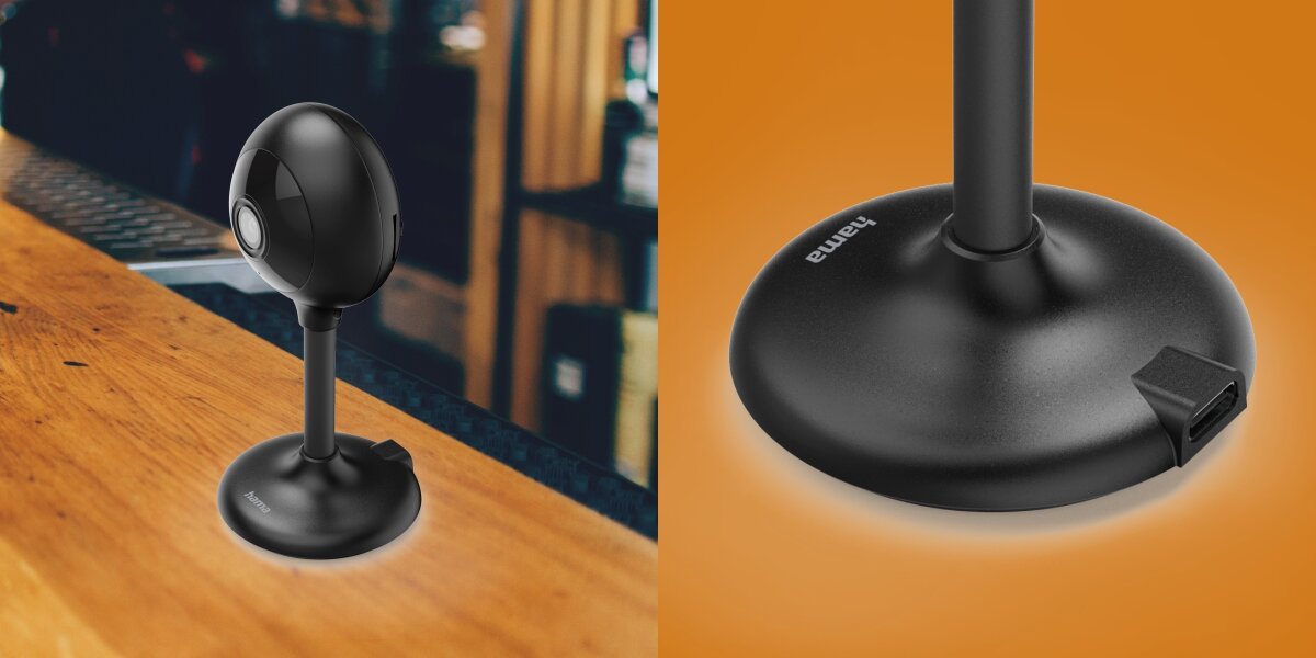 Kamera inteligentna HAMA 176651 Wewnętrzna, WLAN Czarny, port, usb, powierzchnia, smart, home, na pomarańczowym tle podstawa lampy, obok lampa na parapecie