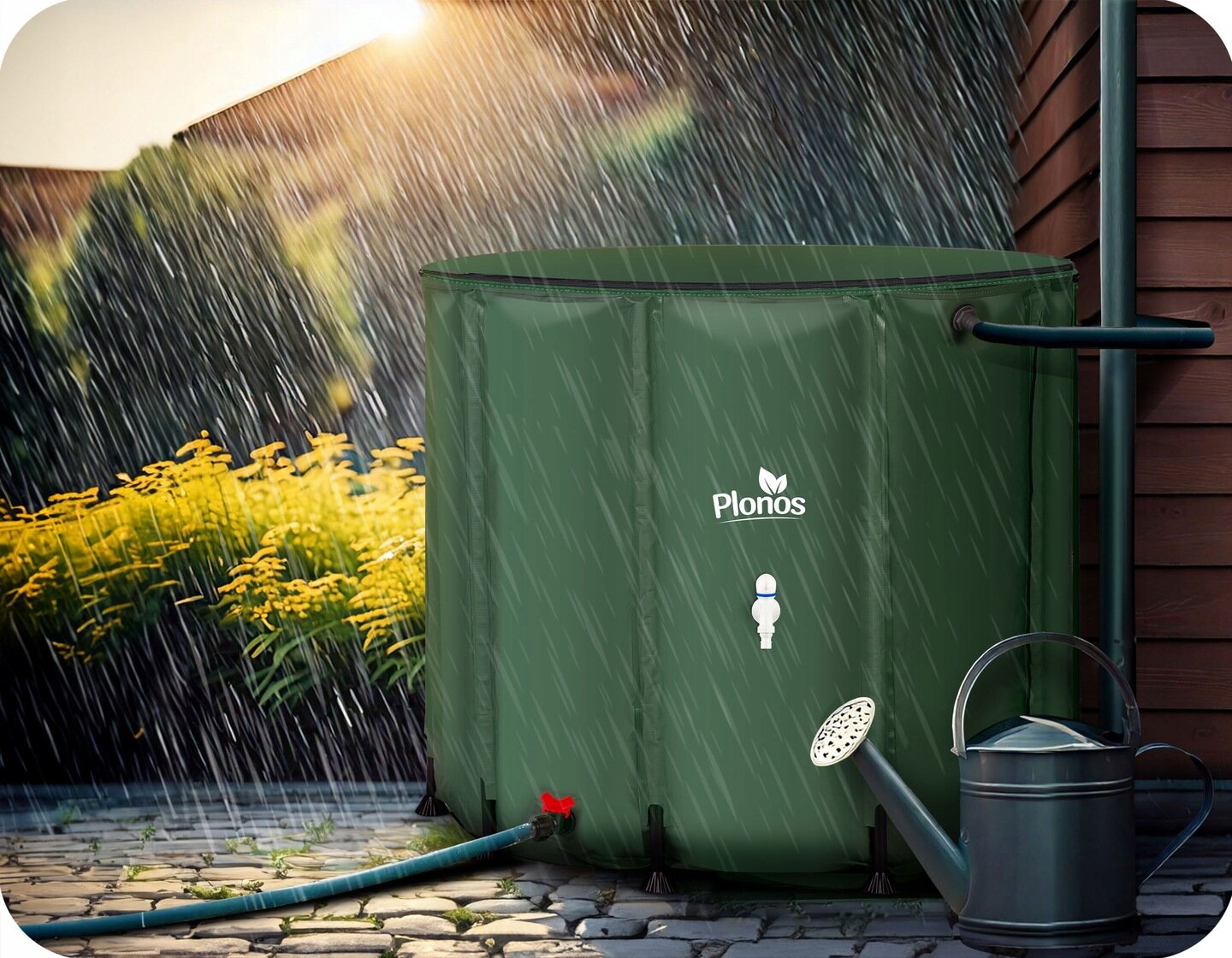 Na obrazie widoczny jest zielony zbiornik na deszczówkę z logo \'Plonos\', ustawiony obok drewnianej ściany, z którego wychodzi wąż. Obok znajduje się konewka, a w tle widać padający deszcz i rośliny.