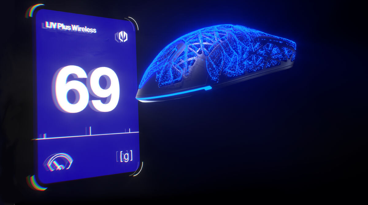 Obraz przedstawia mysz komputerową z niebieskim, futurystycznym wzorem. Obok widoczny jest panel z tekstem \'LIV Plus Wireless\', logo oraz liczbą \'69 [g]\'.