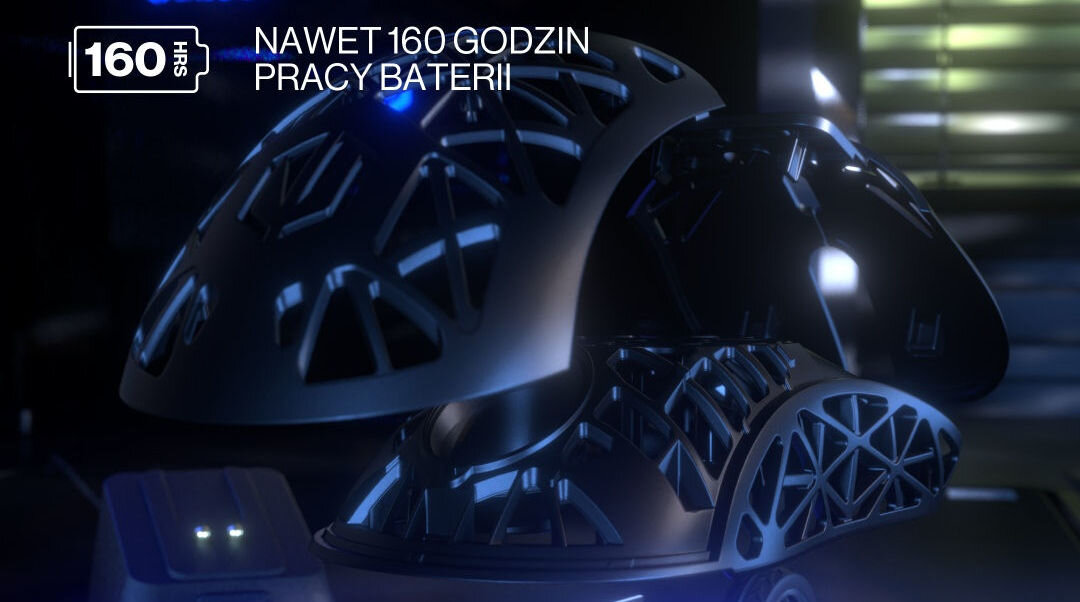 Obraz przedstawia mysz komputerową z ażurową obudową, oświetloną niebieskim światłem. Na obrazie widoczny jest tekst: \'NAWET 160 GODZIN PRACY BATERII\'.