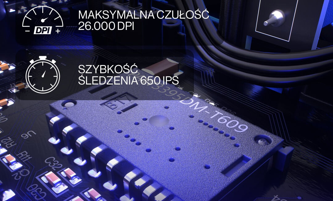 Obraz przedstawia zbliżenie na elementy elektroniczne z tekstem: \'MAKSYMALNA CZUŁOŚĆ 26.000 DPI\' oraz \'SZYBKOŚĆ ŚLEDZENIA 650 IPS\'.
