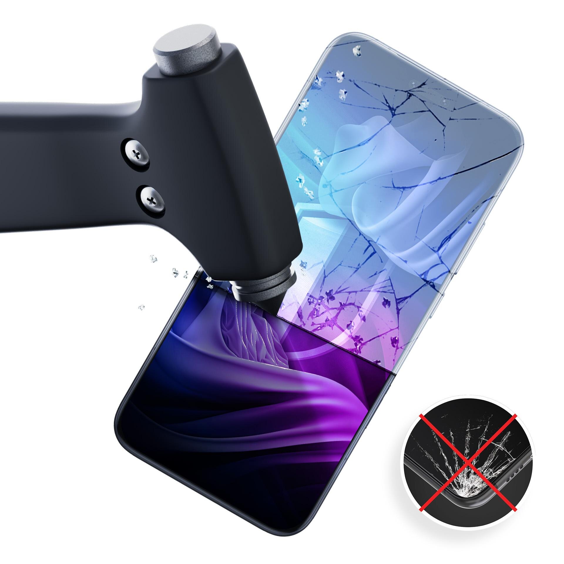 Na obrazie widoczny jest smartfon z kolorowym ekranem, na który naciska czarny przedmiot. Obok znajduje się okrągła ikona z przekreślonym pęknięciem ekranu.