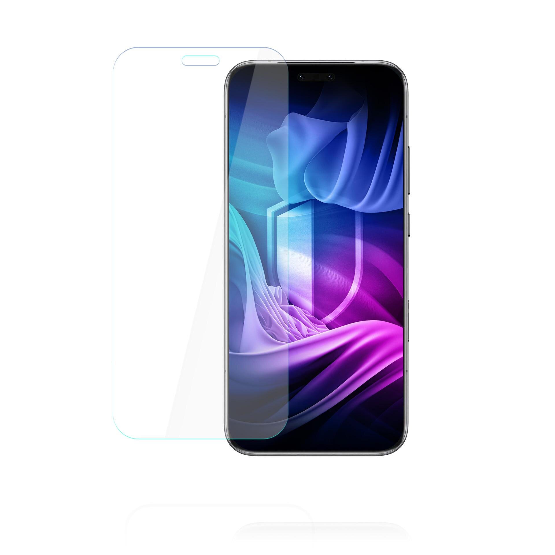 Na obrazie widoczny jest smartfon z kolorowym, abstrakcyjnym tłem na ekranie oraz przezroczysta osłona ekranu umieszczona przed nim. Osłona ma wycięcie na głośnik u góry.