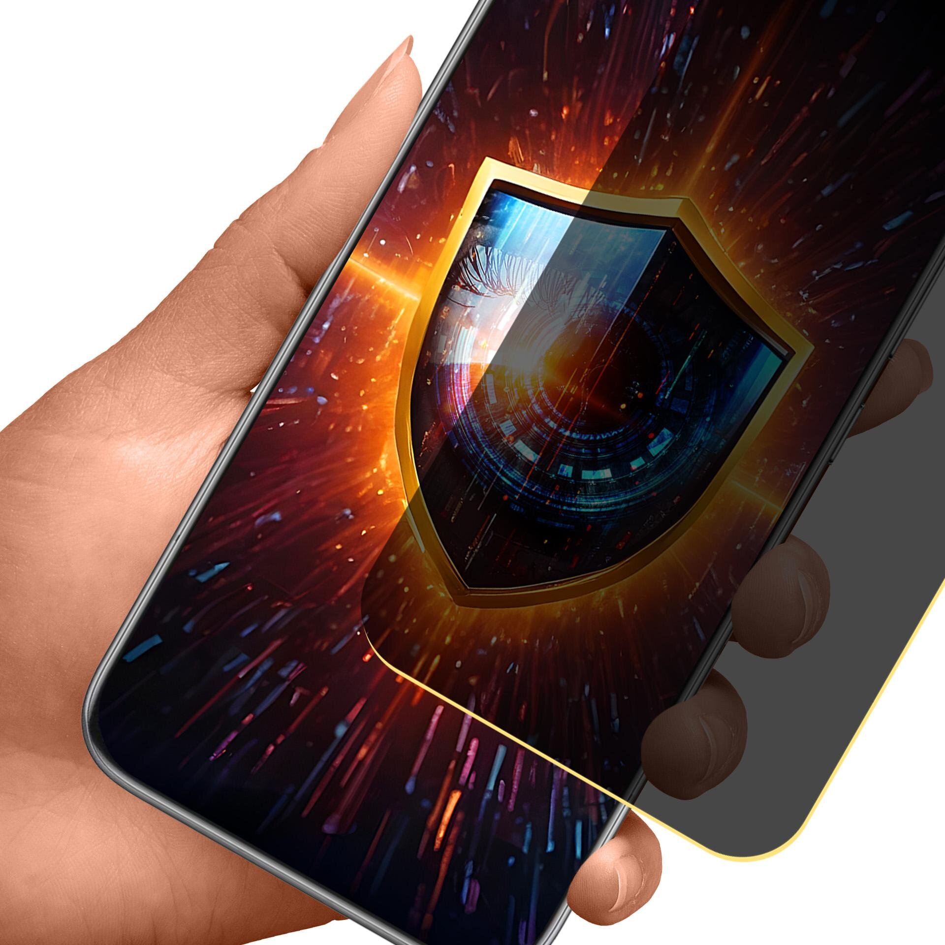Osoba trzyma smartfon z wyświetlaczem, na którym widoczna jest grafika z tarczą i okiem w tle. Ekran otoczony jest efektem świetlnym, sugerującym funkcję prywatności.