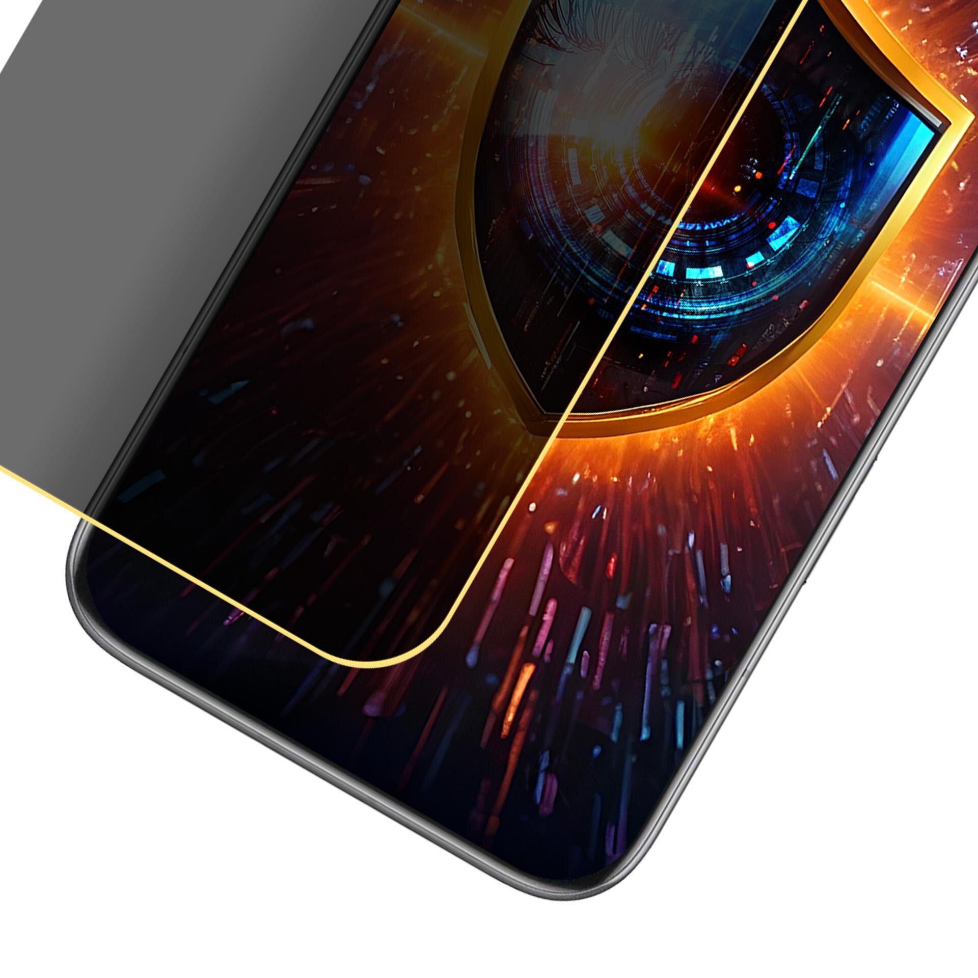Obraz przedstawia telefon z nałożoną matową osłoną ekranu, która częściowo zasłania wyświetlacz. Na ekranie widoczna jest grafika z motywem tarczy i kolorowymi efektami świetlnymi.