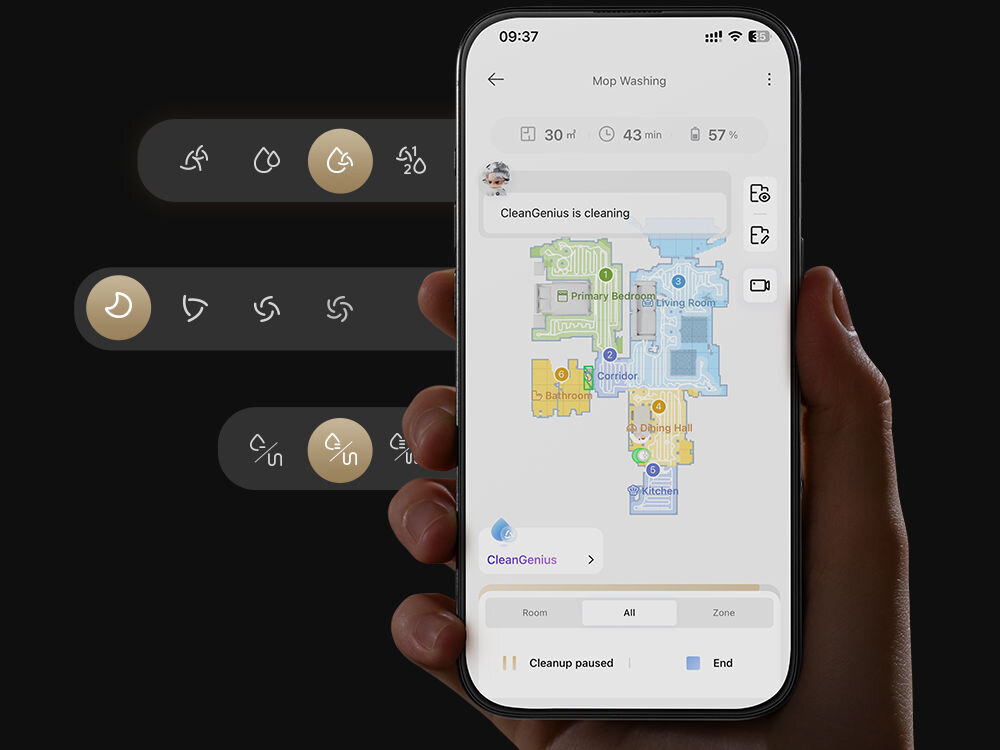 Robot sprzątający DREAME L40S Pro Ultra Biały smartfon trzymany w dłoni z aktwyną aplikacją sterowanie planowanie sprzątania dostosowywanie ustawień historia zadań zużycie części polecenia głosowe
