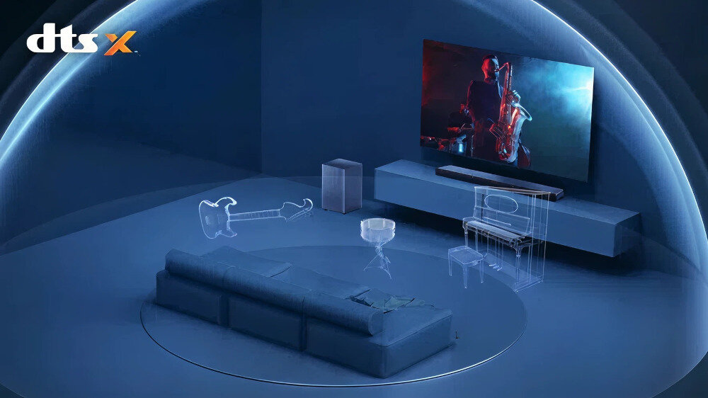 Soundbar TCL S55HE Dolby Atmos bogaty dźwięk czyste detale emocje film muzyka gry, telewizor zawieszony na ścianie z soundbarem stojącym na komodzie w pomieszczeniu