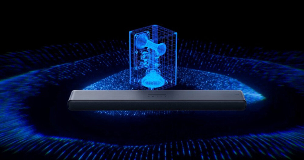 Soundbar TCL S55HE 50-watowy subwoofer głośniki głębokie basy czyste wysokie tony, soundbar od frontu, nmiebieska poświata subwoofera