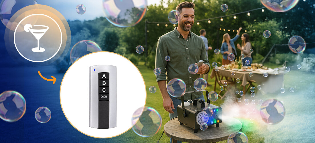 Wytwornica dymu i baniek MUSICMATE MM-DB500 PartyCombo – 600 W, wyrzut 3 m, wydajność 225 m³/min, 3 efekty w jednym, urządzenie stojące na stoliku i puszczające bańki na świeżym powietrzu