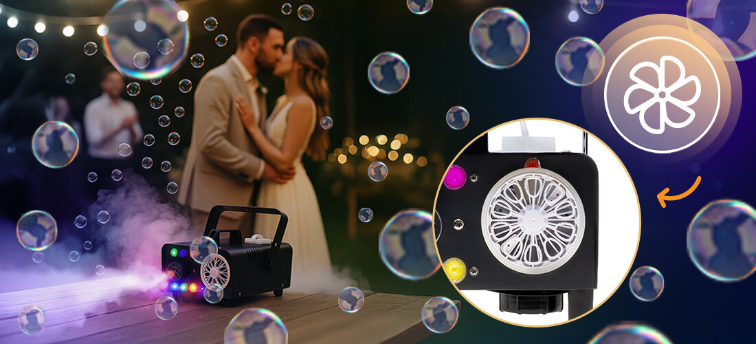 Wytwornica dymu i baniek MUSICMATE MM-DB500 PartyCombo – gęsta mgła 225 m³/min, wyrzut 3 m, zbiornik 300 ml, urządzenie stojące na stoliku i puszczające bańki na świeżym powietrzu, osoby biorące ślub