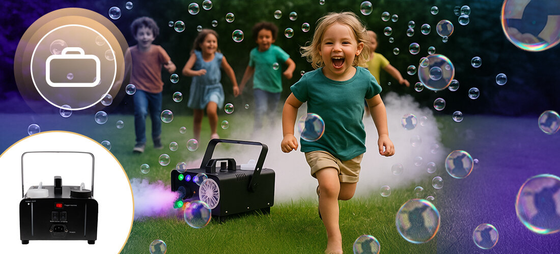 Wytwornica dymu i baniek MUSICMATE MM-DB500 PartyCombo – efekt baniek dla wydarzeń, imprez i zdjęć, urządzenie stojące na trawie wytwarzające bańki, dzieci bawiące się na trawie