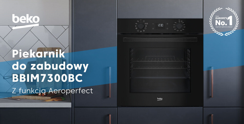 PIEKARNIK BEKO BBIM7300BC top baner logo wizualizacja front czarny panel wyświetlacz pokrętła zabudowa kuchnia Aeroperfect