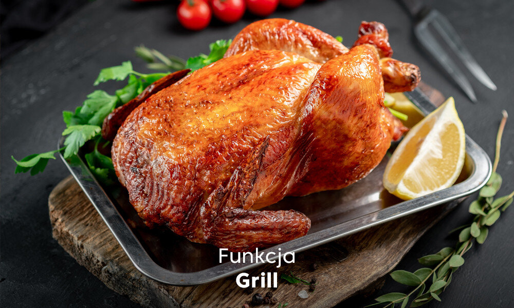 PIEKARNIK BEKO BBIM7300BC wizualizacja blacha kurczak pieczony cytryna Funkcja Grill chrupiąca skórka soczyste wnętrze mięso ryby grillowanie tosty