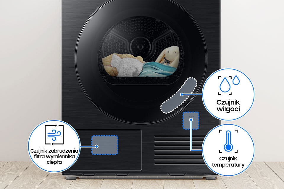 Suszarka Bespoke AI 9kg DV90DB8845GBU4 wyposażona jest w zaawansowane czujniki, takie jak czujnik wilgoci i temperatury, które precyzyjnie monitorują proces suszenia, zapewniając idealne rezultaty.