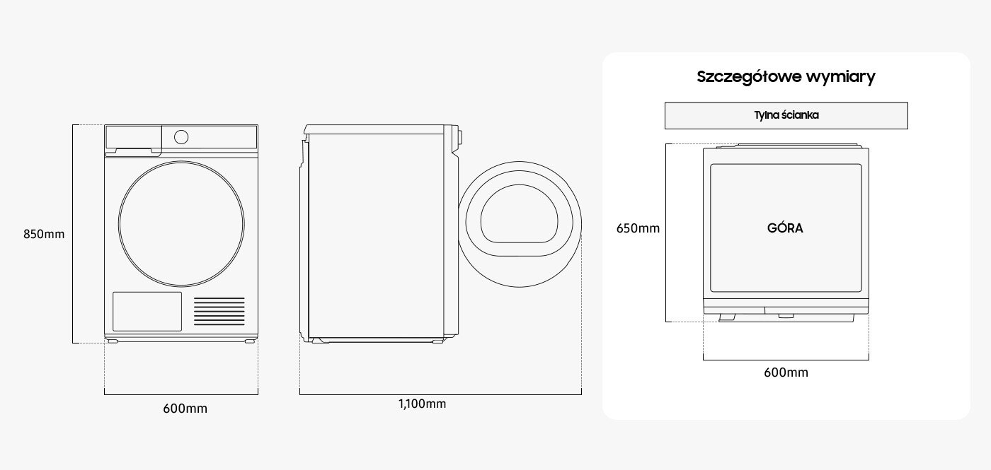 Szczegółowe wymiary urządzenia: wysokość 850 mm, szerokość 600 mm oraz głębokość 650 mm. Dzięki precyzyjnym wymiarom, suszarka Bespoke AI 9kg DV90DB8845GBU4 doskonale wpasuje się w każdą przestrzeń, zapewniając wygodę użytkowania.