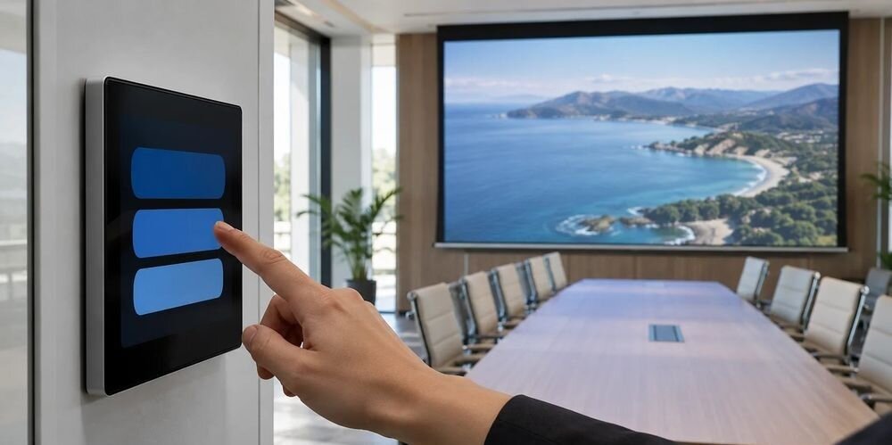 Projektor ACER P5550 dwa porty HDMI Crestron PJLink sterowanie sieciowe system AV firma, Sala konferencyjna z panelem sterowania na ścianie i obrazem na ekranie