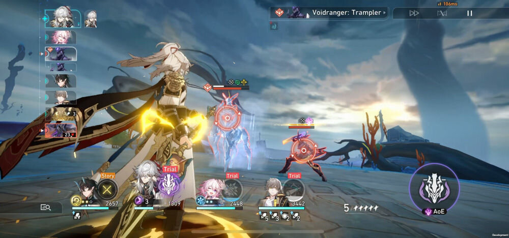 Zrzut ekranu z gry przedstawiający postacie i przeciwników na tle krajobrazu. Widoczny tekst: \'Voidranger: Trampler\', \'Story\', \'Trial\', \'AoE\'.