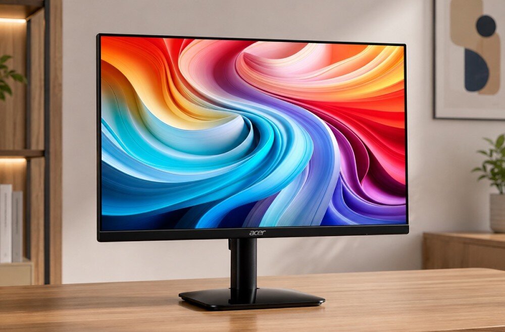 Monitor ACER KA242YP0BI Monitor komputerowy stojący na drewnianym biurku, na którego ekranie wyświetla się barwna, abstrakcyjna grafika z falującymi liniami