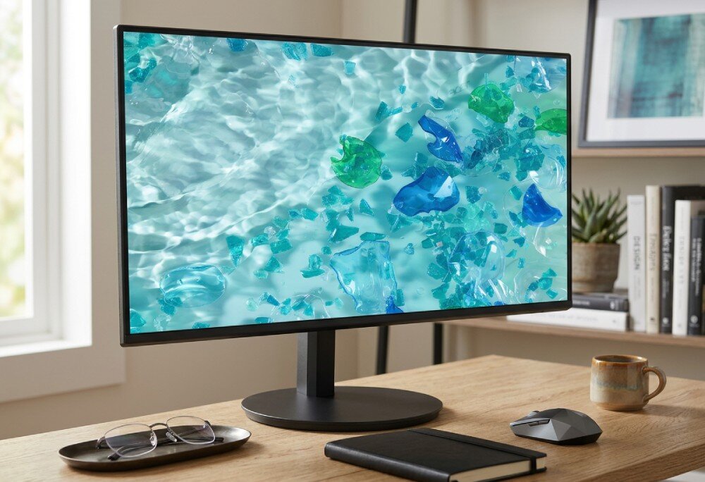 Monitor na biurku wyświetla obraz przedstawiający wodę z kolorowymi kamieniami. Obok monitora znajdują się okulary, myszka, notes i kubek.