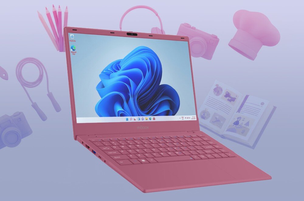 Laptop MAXCOM Office mBook14 Lite Plus Otwarty granatowy laptop na fioletowym tle z lewitującymi obiektami 3D takimi jak kontroler do gier, przeznaczenie, zalety