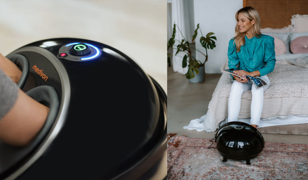 Masażer do stóp MEDIVON Pure Complete Pro dla osób spędzających długie godziny przed komputerem dobre rozwiązanie niwelowanie bólu stóp i nóg natychmiastowa ulga pełen relaks