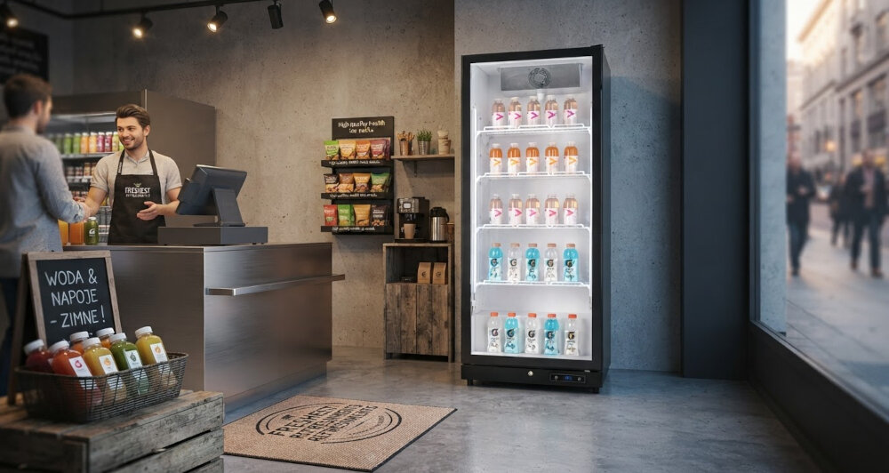 WITRYNA ELECTRO-LINE SC-450B Przeszklona szafa chłodnicza ustawiona w punkcie gastronomicznym lub sklepie z napojami. Wewnątrz, na podświetlonych półkach, znajdują się butelki i napoje, a przez duże szklane drzwi klienci mogą wygodnie zobaczyć całą ofertę
